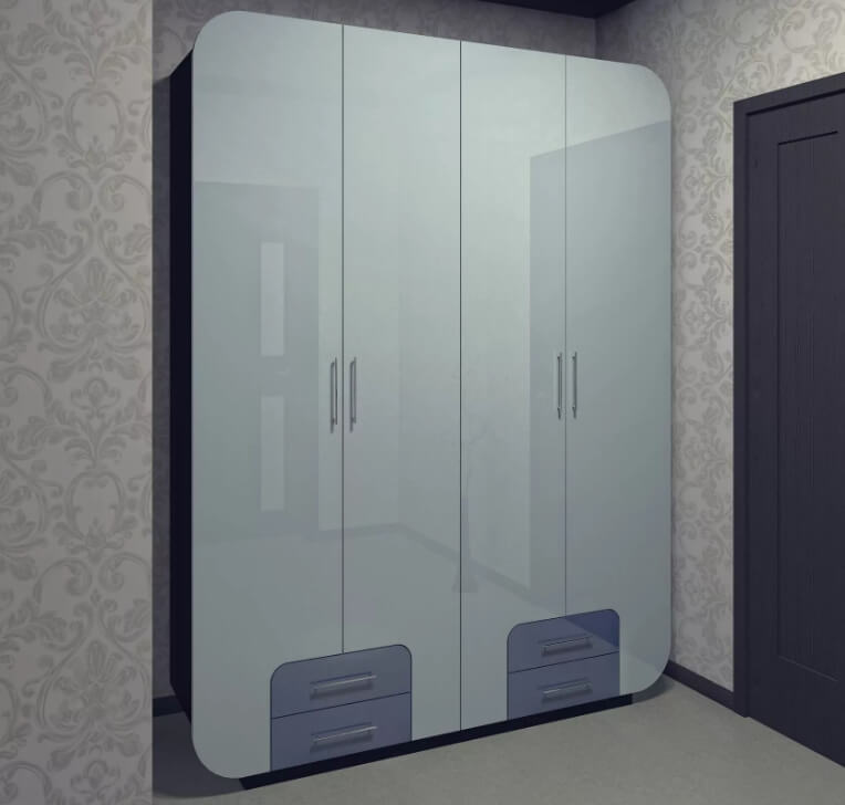 /Глянцевый 4-х дверный распашной шкаф №260 голубой с синим с ящиками на заказ